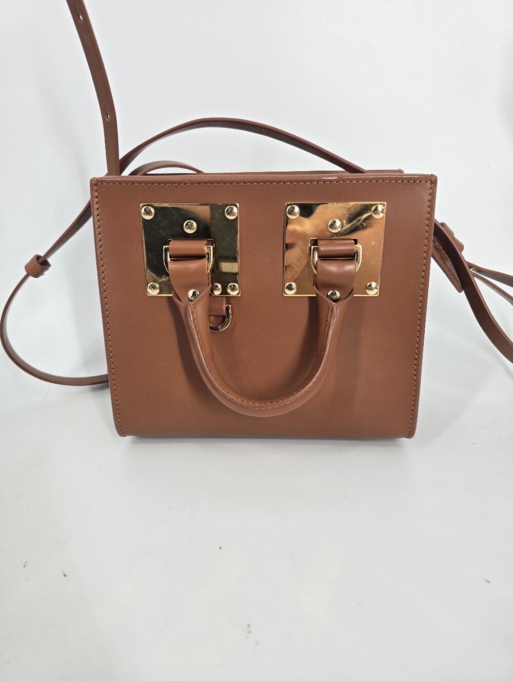 Sophie Hulme Albion Mini Tote Tan Leather Gold Hardware Crossbody Strap